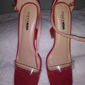 Fashion Nova red suede like heels, sassy heel and clear strap